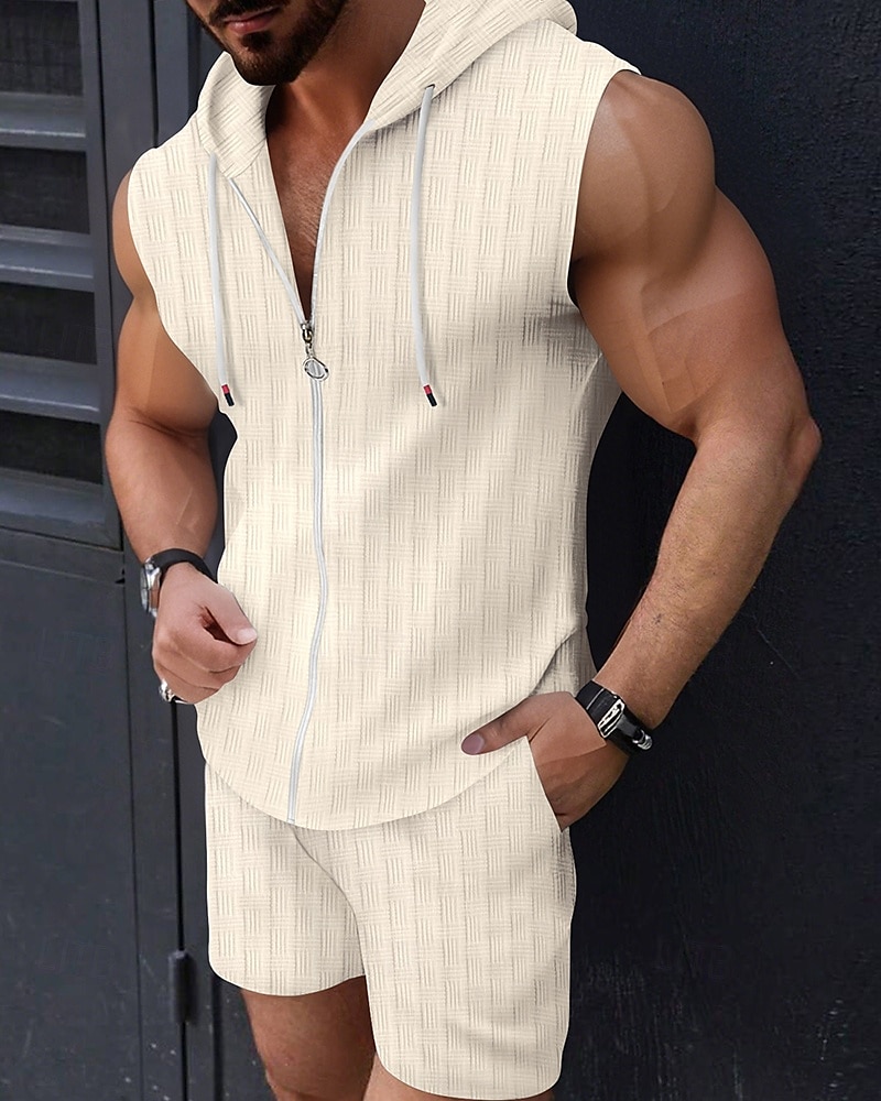 Men's T-shirt Suits 2 Pieces Outfits Tee & Shorts Sleeveless Hooded Summer Plain Fashion Casual 2 Piece Vacation Daily Wear Going out Black Pink White Top Tee for Men 2025 - $37.99 –P4
