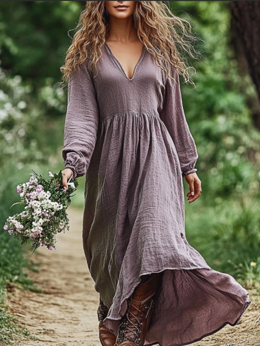 Damen Langes Kleid Maxikleid Freizeitkleid Sommerkleid Boho-Kleid Tribal Urlaub Täglich Normale Passform Einfarbig Langarm V Ausschnitt Blau Purpur Sommer 2025 - $22.99 –P1