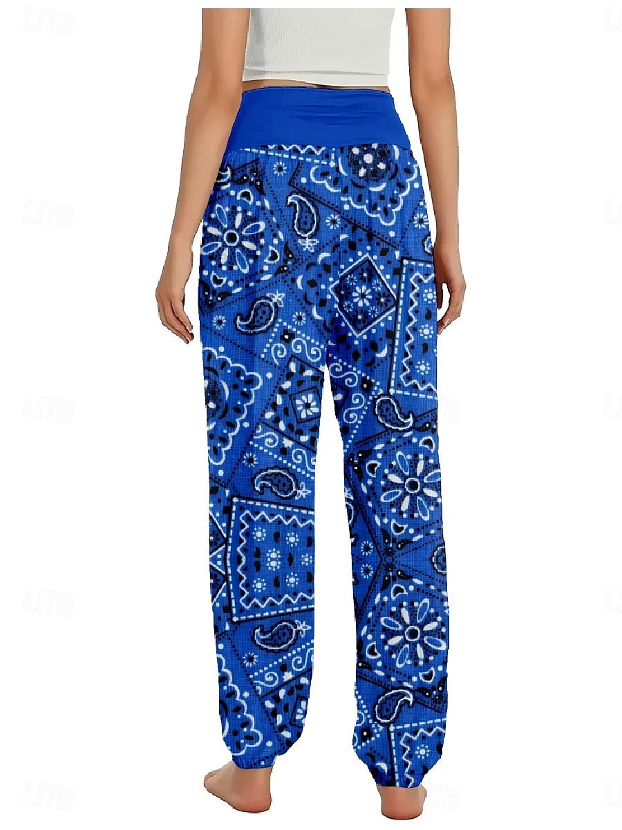Women's Linen-Inspired Pants Wide Leg Pants Trousers Ethnic Style Casual Boho Full Length High Waist Floral Graphic Pocket Elastic Waist Printing Breathability Soft Micro-elastic Outdoor Yoga Blue 2025 - $21.99 –P8
