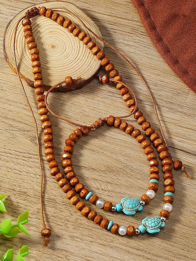 Men's Natural Wood Bead Turtle Necklace and Bracelet Set – Boho Beach Style Adjustable Jewelry for Summer Vacations and Casual Wear 2025 - $11.99 –P3