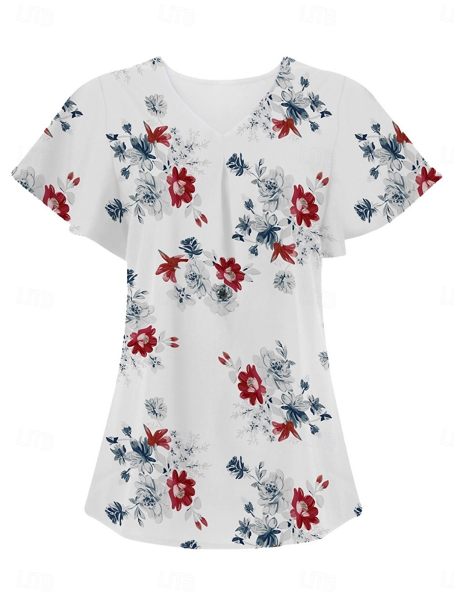 Blouses d'été pour femmes tops floraux stylés décontractés manches courtes col en V tops réguliers quotidien imprimé blanc bleu gris bleu clair été printemps de 2025 ? $15.99 –P2
