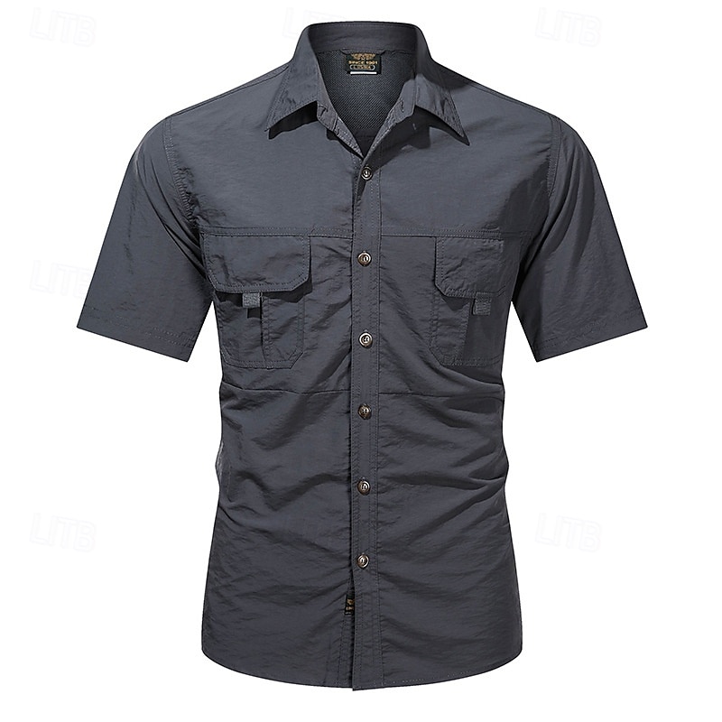 Voor heren Overhemd Zomer overhemd Normaal shirt Overhemd met knopen Cargoshirt Zwart khaki Donker Grijs Leger Groen Korte mouw Effen Overhemdkraag Vakantie Hawaii Zak Kleding 100% katoen Modieus 2025 - $25.99 –P1