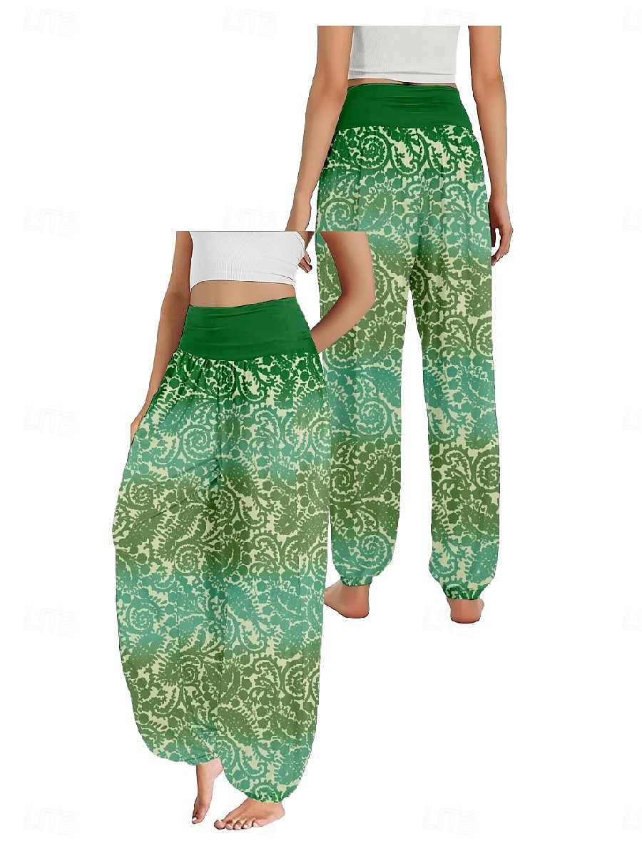 Dam Linneinspirerade byxor Brett skaft Byxor Etnisk Stil Ledigt Boho Fullängd Hög midja Blommig Paisley Ficka Elastisk midja Tryck Mateial som andas Mjuk Microelastisk Utomhus Yoga Röd Blå Mörkgrön 2025 - $21.99 –P9