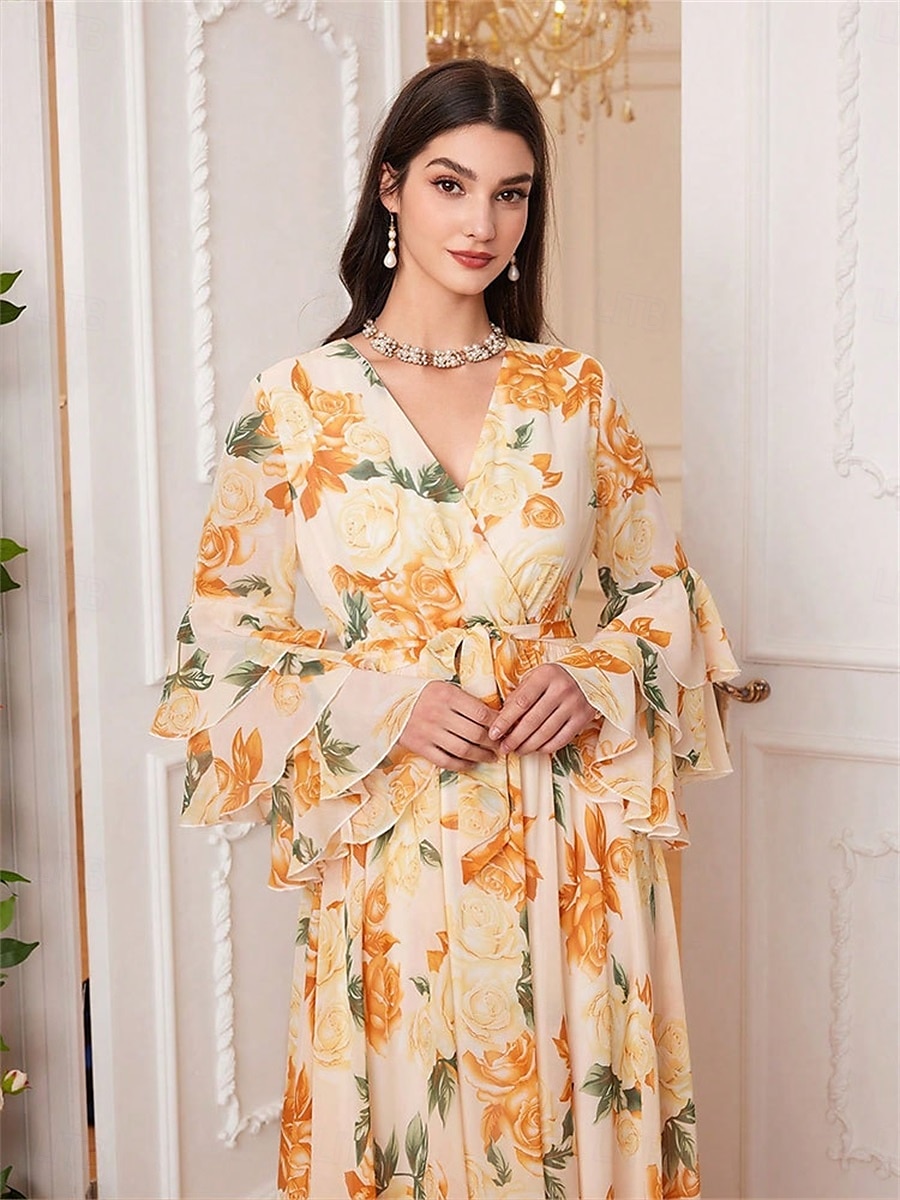 Dress Mother of the Bride Dress Elegant V Neck Floor Length Chiffon Long Sleeve with Sash / Ribbon Ruffles Wedding Guest Dress 2025 - $89.99 –P5