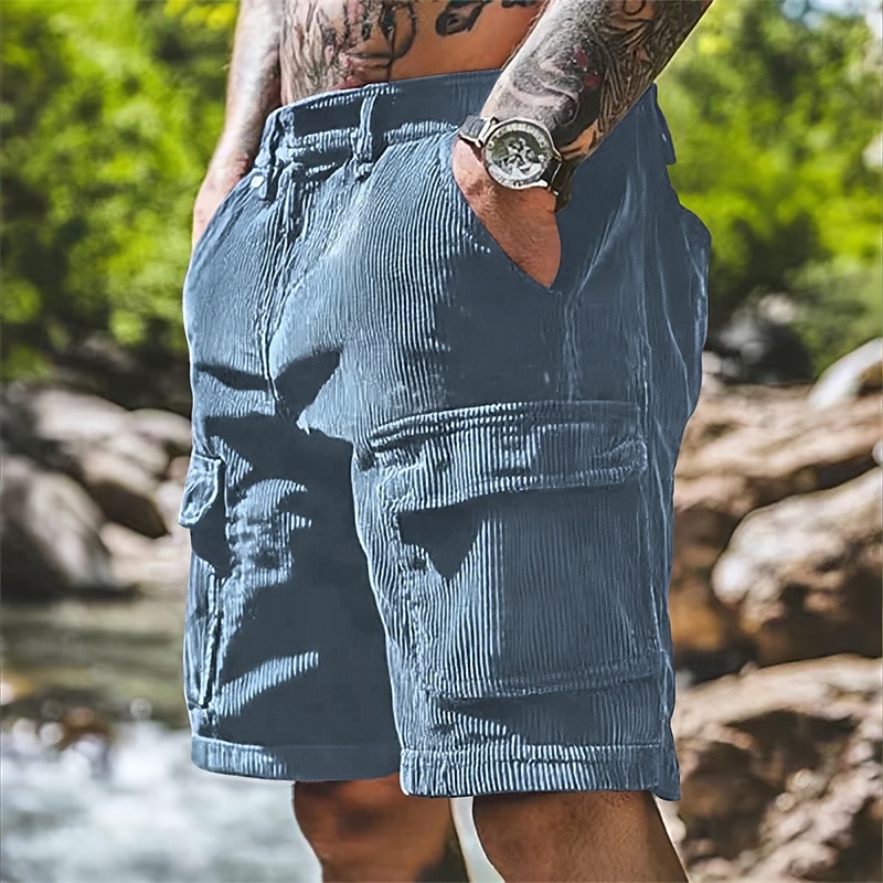 Men's Cargo Shorts Casual Shorts Hiking Shorts Corduroy Shorts Elastic Waist Multi Pocket Straight Leg Plain Comfort Soft Knee Length Outdoor Casual Daily Fashion Streetwear Black Blue Micro-elastic 2025 - $22.99 –P1