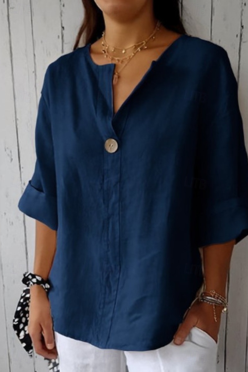 Women's Shirt Cotton Linen Shirt Blouse Plain Modern Casual 3/4 Length Sleeve V Neck Regular Tops Daily Going out Buttons Black White Red Navy Blue Green Summer 2025 - $23.99 –P8
