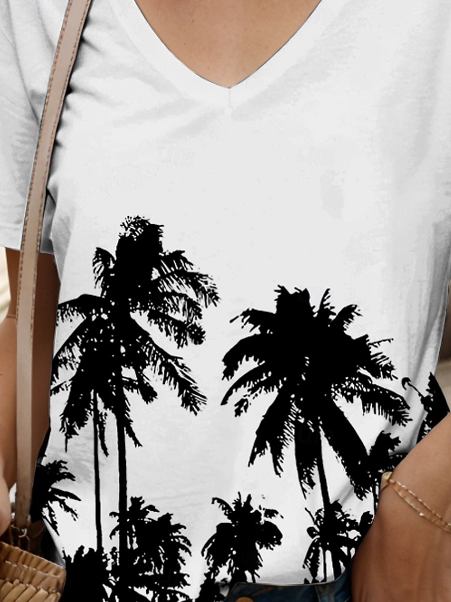 Femmes T-shirt Graphique Plantes ancien Élégant Classique Manche Courte Col en V Hauts Réguliers Quotidien Sortir Week-end Imprimé Noir Blanche Été Printemps de 2025 ? $19.99 –P3