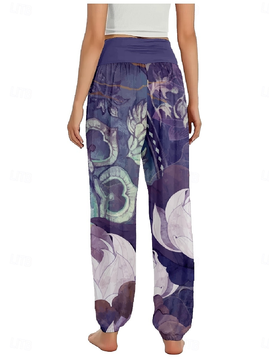 Mulheres Calças inspiradas em linho Perna larga Calças Estilo Étnico Casual Boho Comprimento total Cintura Alta Floral Bolsos Cintura elástica Estampado Respirabilidade Macio Micro-Elástica Ao ar de 2025 por $21.99 –P8