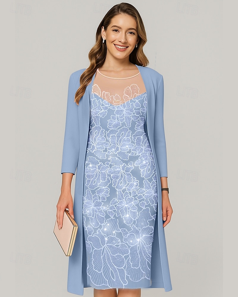 Ensembles de Robes Deux Pièces Robe Mère de la Mariée Élégante Illusion Col Longueur Genoux Chiffon Manches Mi-Longues avec Broderie de Sequins de 2025 ? $144.99 –P1