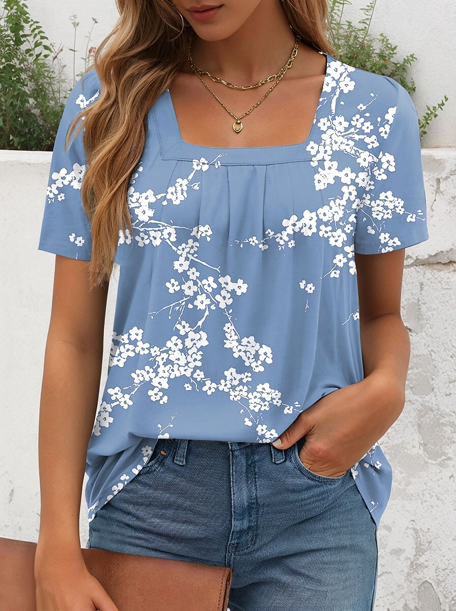 Femmes T-shirt Fleuri Graphique Élégant Classique Occasionnel Manche Courte Col carré Hauts Réguliers Quotidien Week-end Imprimé Rose Claire Bleu Vert Été de 2025 ? $27.99 –P3