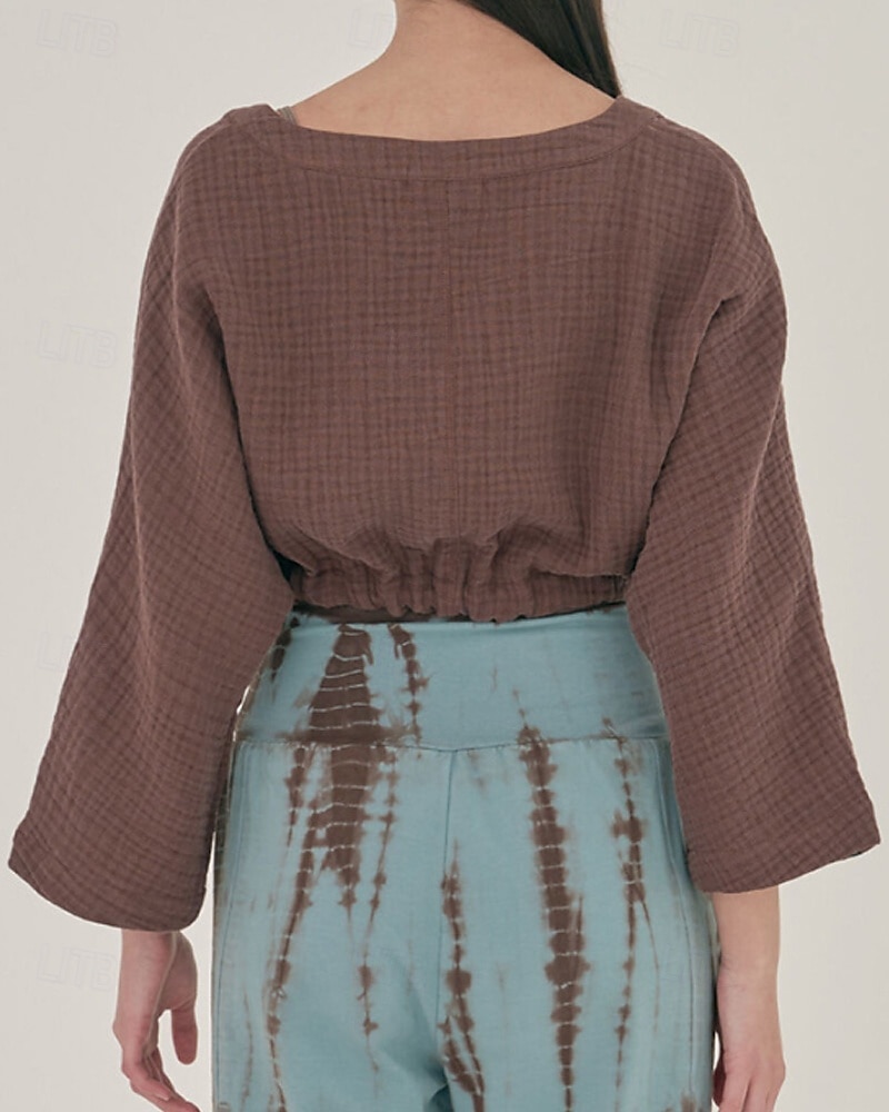 Dame Linskjorte Bluse عادي Fritid Langermet V-hals Crop Tops Daglig Ut på byen knyte foran Hvit Gul Brun Sommer 2025 - $36.99 –P13