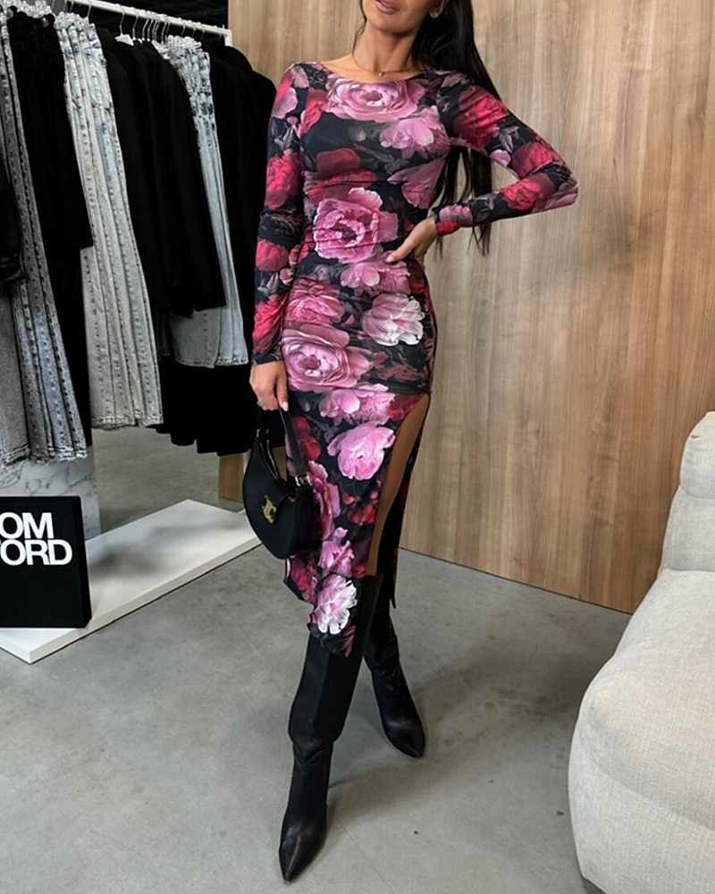 Damen Midikleid Blumenkleid Sommerkleid Mode Modern Täglich Date Wochenende Normale Passform Blume Langarm Rundhalsausschnitt Schwarz Weiß Rose Sommer 2025 - $25.99 –P1