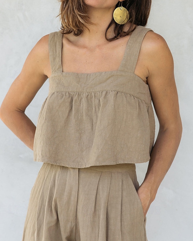 Per donna Camicia di lino Gilet in cotone e lino Blusa Semplice Moderno Casual Senza Maniche Collo quadrato Top corti Quotidiano Ferie Senza schiena Bianco Cachi Estate del 2025 a $36.99 –P12