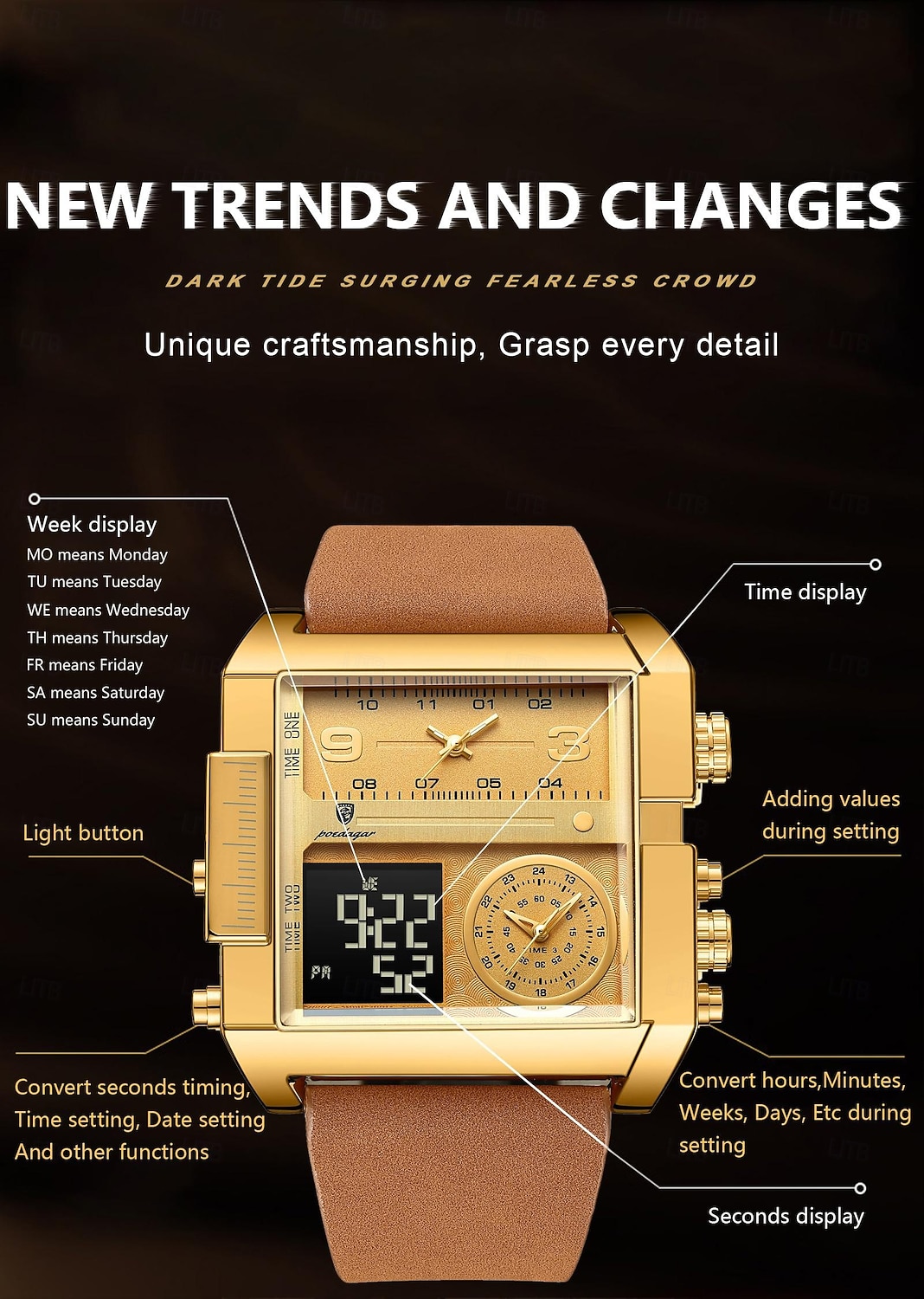 Мужские цифровые часы Кварцевые Часы Ретро Винтажные Большие циферблаты наручные часы LED Подсветка Хронограф Водонепроницаемые Часы из натуральной кожи 2026 - $37.99 –P7