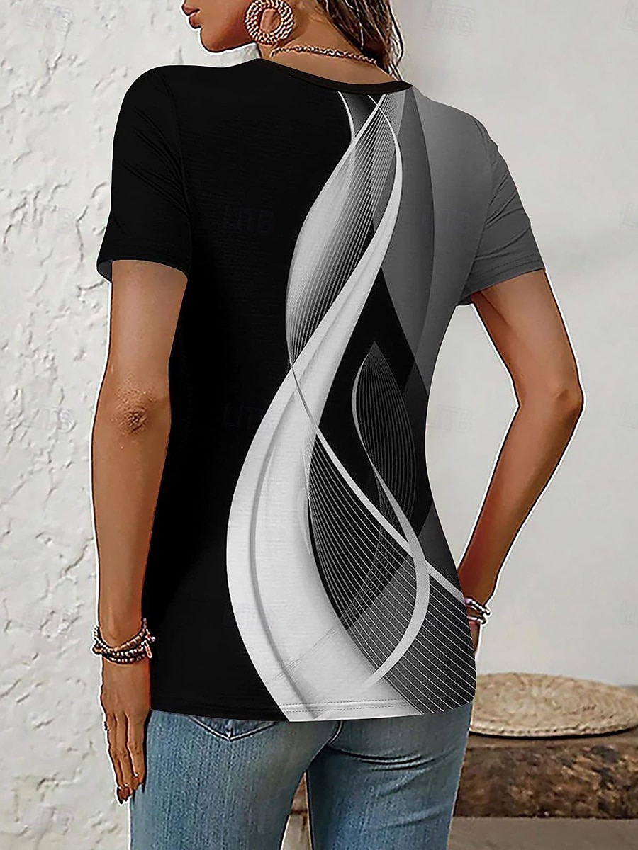 Dame T skjorte Grafisk Geometrisk Elegant Årgang Stilfull Kortermet Crew-hals Rund hals Vanlige topper Daglig Ut på byen Lapper Knapper Lag-på-lag Svart Sommer Vår 2025 - $23.99 –P2