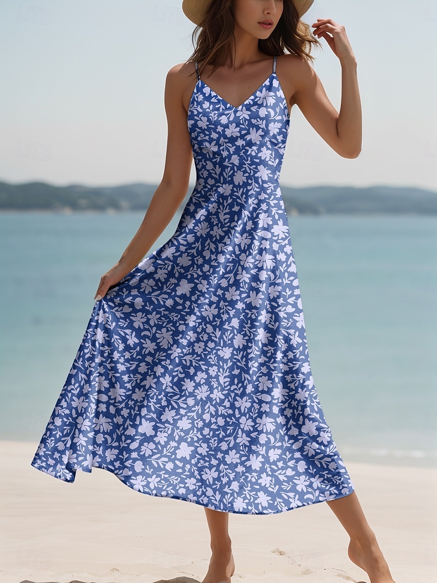 Dam Maxiklänning A linjeklänning Sommarklänning Slipklänning Elegant Semester Ledigt Normal Blommig Grafisk Ärmlös V-hals Smala axelband Rubinrött Blå Purpur Grön Sommar Vår 2025 - $34.99 –P5
