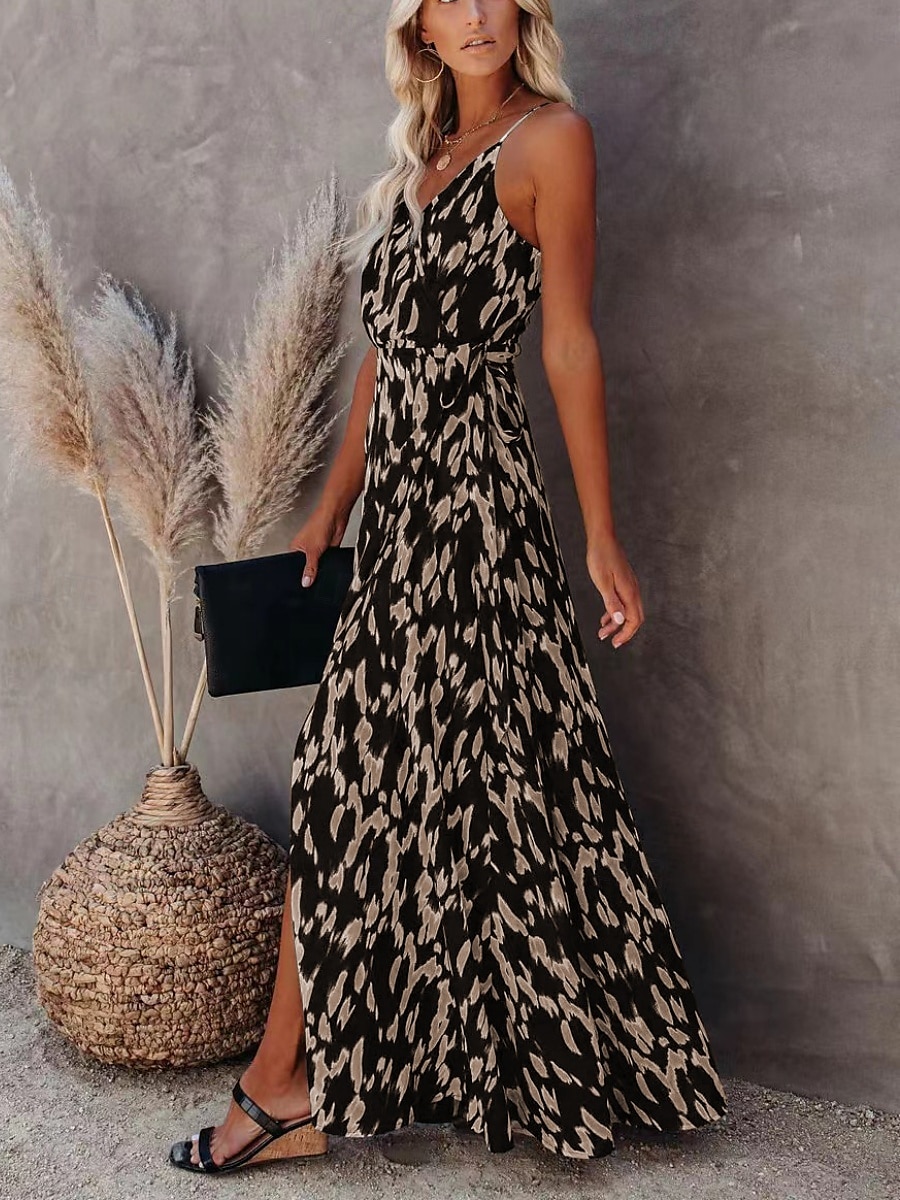 Damen Maxikleid A Linie Kleid Unterkleid Urlaub Lässig Boho Outdoor Ausgehen Strand Standard Passform Grafik Geometrisch Ärmellos Spaghettiträger Weiß Leicht Braun Blau Grau Sommer 2025 - $29.99 –P19