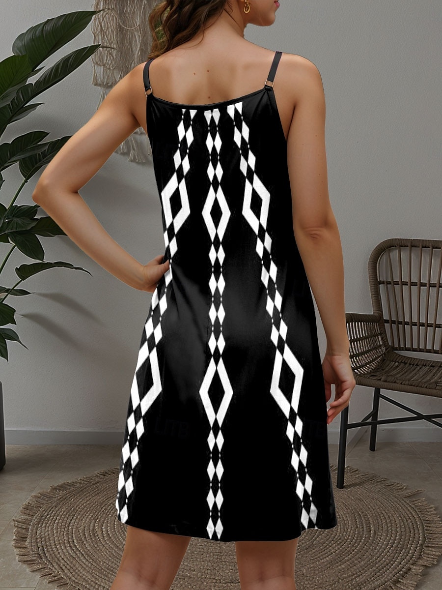 Damen Minikleid Sommerkleid A Linie Kleid Unterkleid Schulterfreies Kleid Urlaub Lässig Boho Ausgehen Strand Standard Passform Grafik Geometrisch Ärmellos V Ausschnitt Schwarz Sommer 2025 - $20.99 –P2