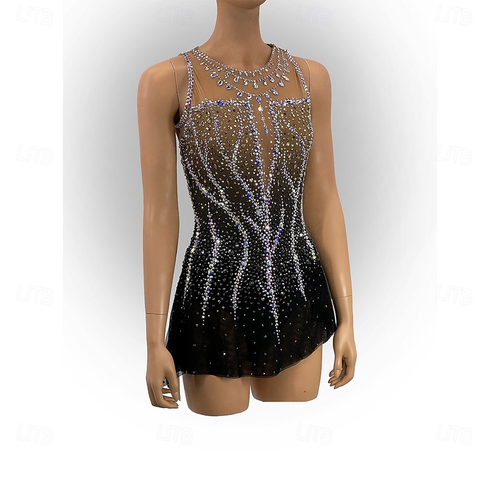Figure Skating Dress Women's Girls' Ice Skating Dress Black Patchwork Asymmetric Hem Mesh High Elasticity Training Competition Skating Wear Classic Crystal / Rhinestone Sleeveless Ice Skating Figure 2025 - $193.99 –P2