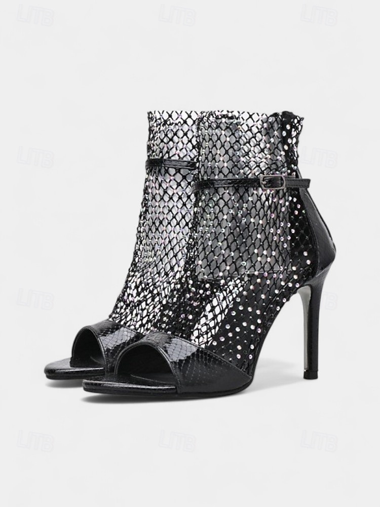 stilettsandaler i netting for kvinner – glitter høye hæler med åpen tå og ankelglidelås for natteliv, cocktailfester og glam-looks om kvelden 2025 - $54.99 –P2