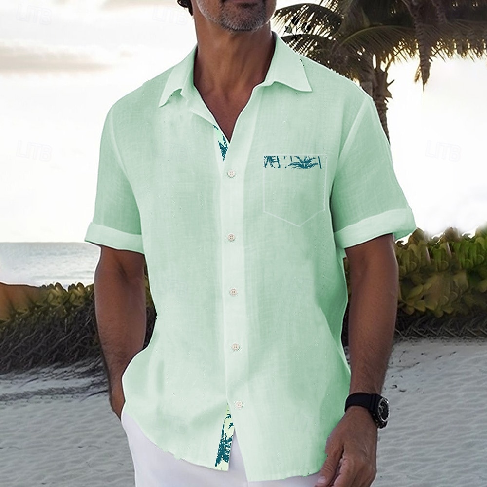 Men's Coconut Tree Linen Shirt Summer Shirt Button Up Shirt Short Sleeve Fashion Casual Vacation Holiday Beach Wear Summer Spring Turndown Collared Shirts Front One Pocket White Green 2026 - $28.99 –P6