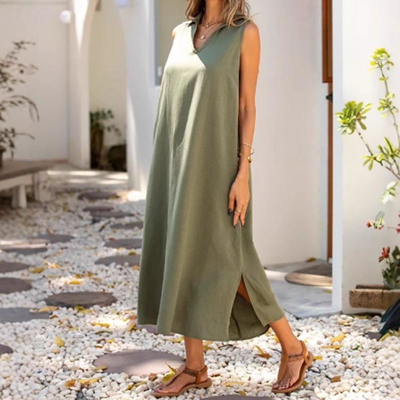 Women's Maxi Dress Faux Cotton Linen Shift Dress Sundress Tank Dress  Elegant Stylish Casual Sleeveless Regular Fit Plain Sleeveless V Neck Camel Army  Green Dark Blue Summer Spring Fall 2026 - GBP 25.99