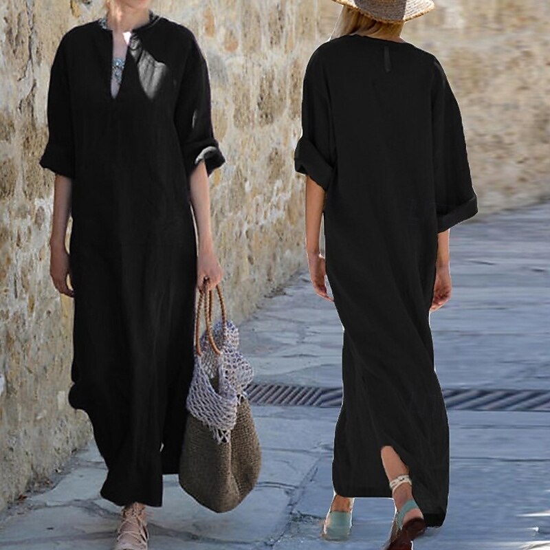 Women's Long Dress Maxi Dress Cotton Linen Dress Classic Daily Holiday Going out Regular Fit Plain Long Sleeve V Neck Black White Wine Dark Gray Summer 2025 - $32.99 –P1