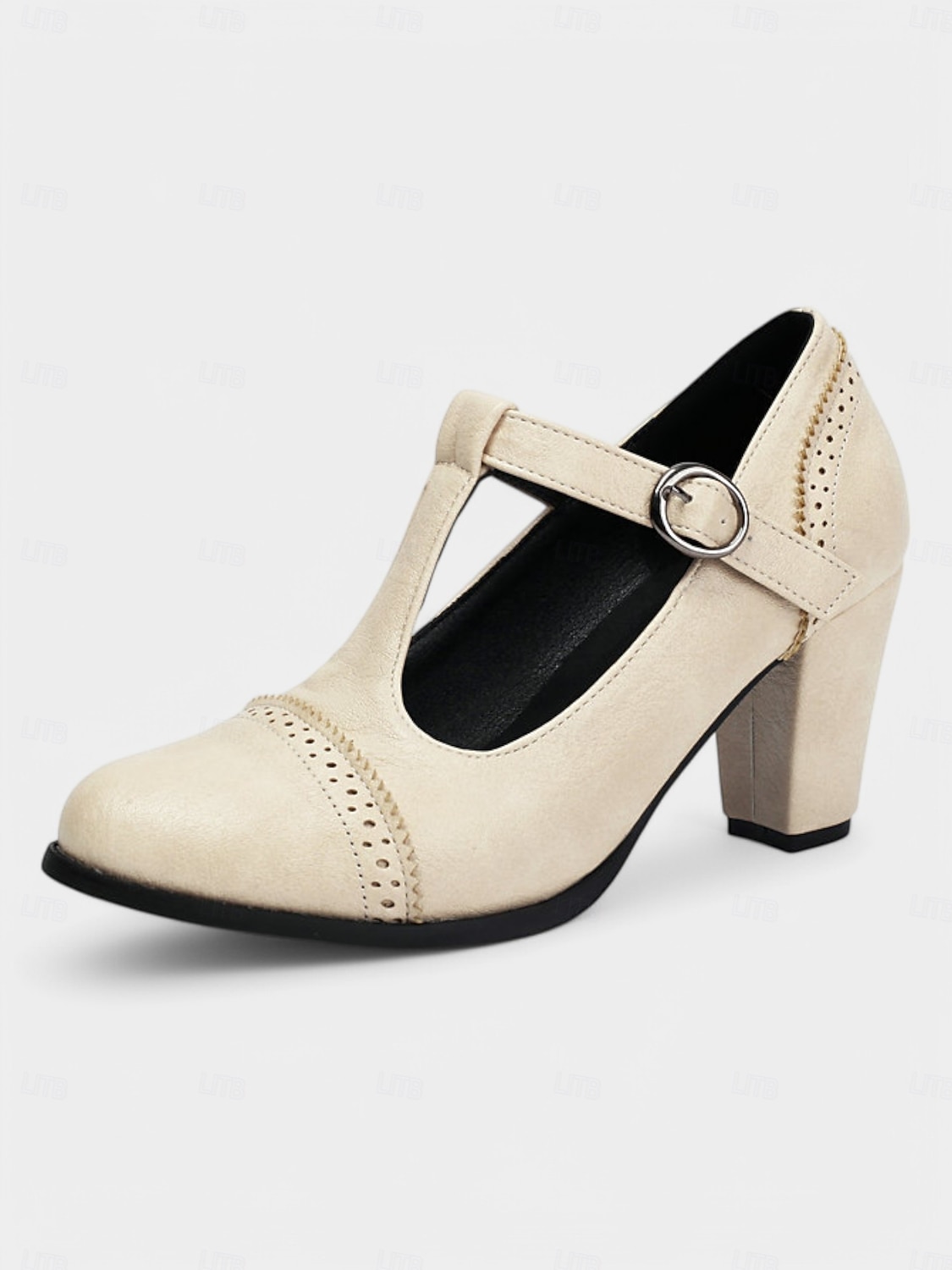 Crèmekleurige Mary Jane pumps met T-bandjes en brogue-details voor dames – schoenen met hak in vintage stijl uit de jaren 30 voor feesten, bruiloften en retro-outfits 2026 - $54.99 –P6