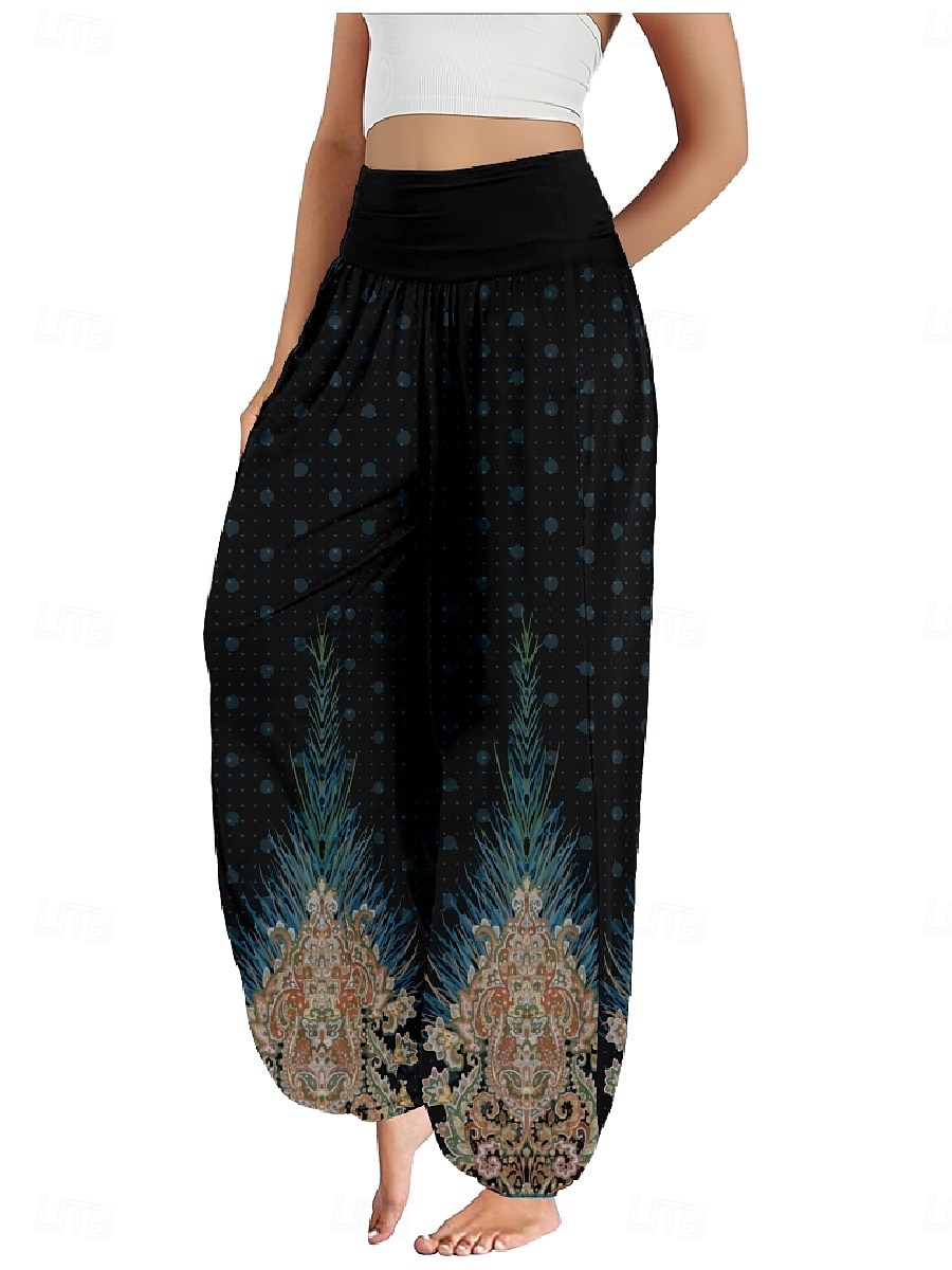 Dam Linneinspirerade byxor Brett skaft Byxor Etnisk Stil Ledigt Boho Fullängd Hög midja Grafiska tryck Ficka Elastisk midja Tryck Mateial som andas Mjuk Microelastisk Utomhus Yoga Svart Blå Purpur 2025 - $21.99 –P7