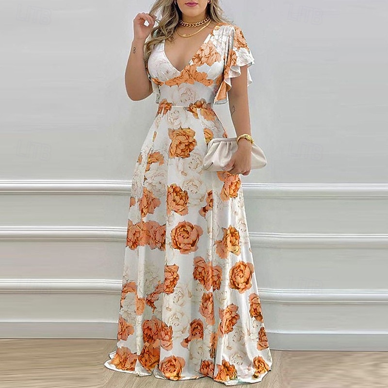 Per donna Abito Lungo Maxi Abito Abito da Cocktail Abito Floreale Abito Stampato Moda Moderno All'aperto Vacanza Ferie Vestibilità regolare Fiore Manica Corta Scollo a V Blu Arancione Rosso rosa del 2025 a $24.99 –P10