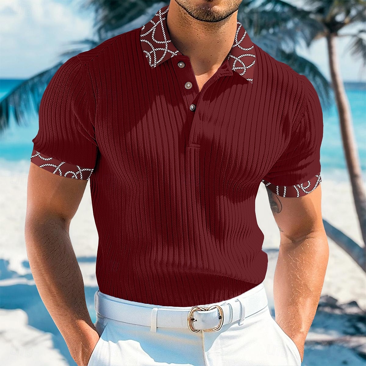Homens Top de malha canelada camisa muscular Trabalho Casual Lapela gola pólo com nervuras Manga Curta Básico Moderno Bloco de cor Botões Tricotado Verão Primavera Verão Fino Branco Vinho Azul de 2025 por $22.99 –P9