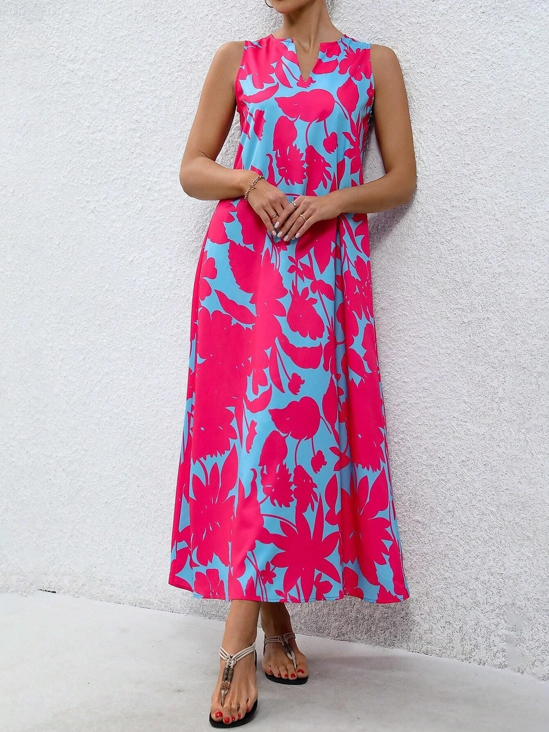 Per donna Abito maxi Abito a trapezio Abito Estivo Vacanza Casual Boho Quotidiano Ferie Vestibilità comoda Floreale Grafico Senza Maniche Scollo a V Rosa Blu Arancione Estate del 2025 a $36.99 –P4