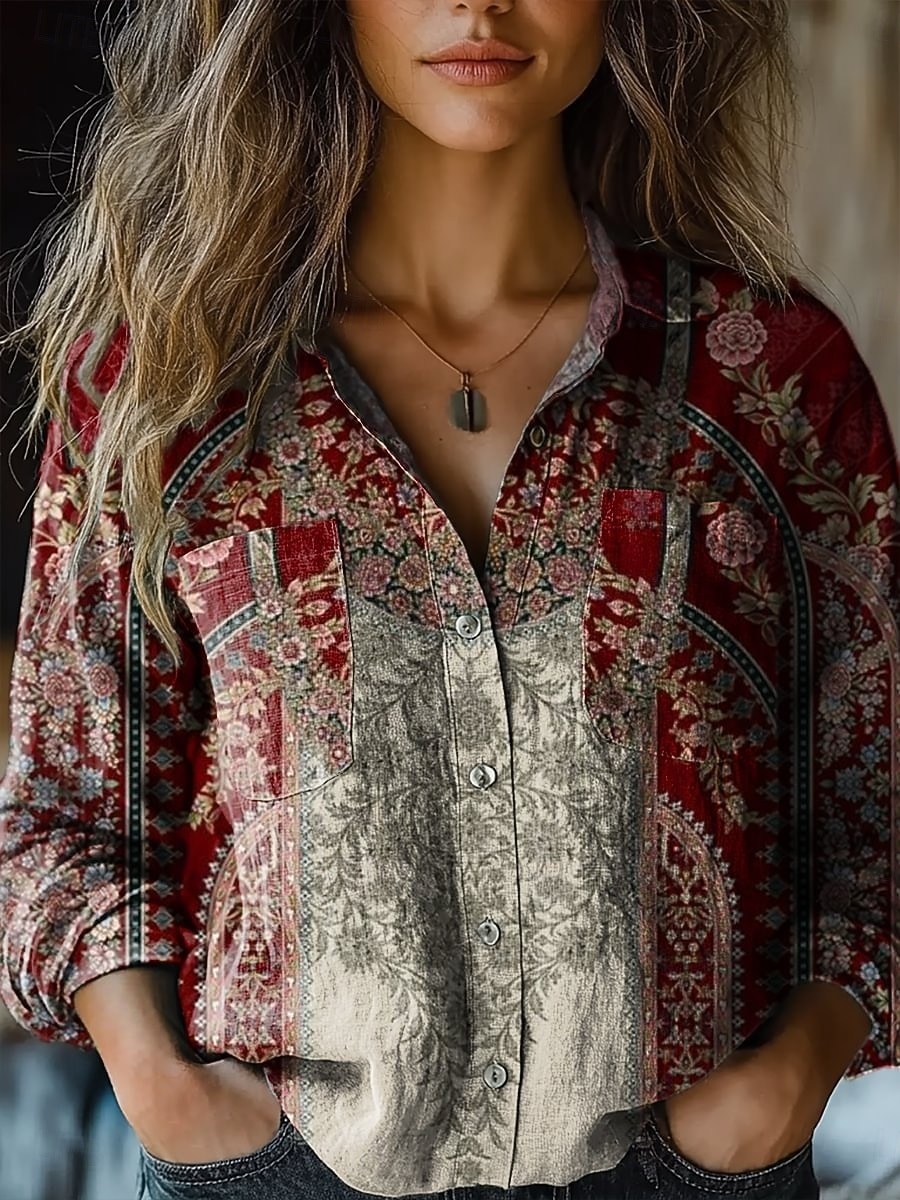 Per donna Camicia Camicia Boho Tasca Bottoni Stampato Floreale Paisley Elegante Moderno Manica Lunga Colletto a Camicia Top Regolari Quotidiano Ferie Blu Marrone rossastro Nero Giallo Vino Estate del 2026 a $27.99 –P2
