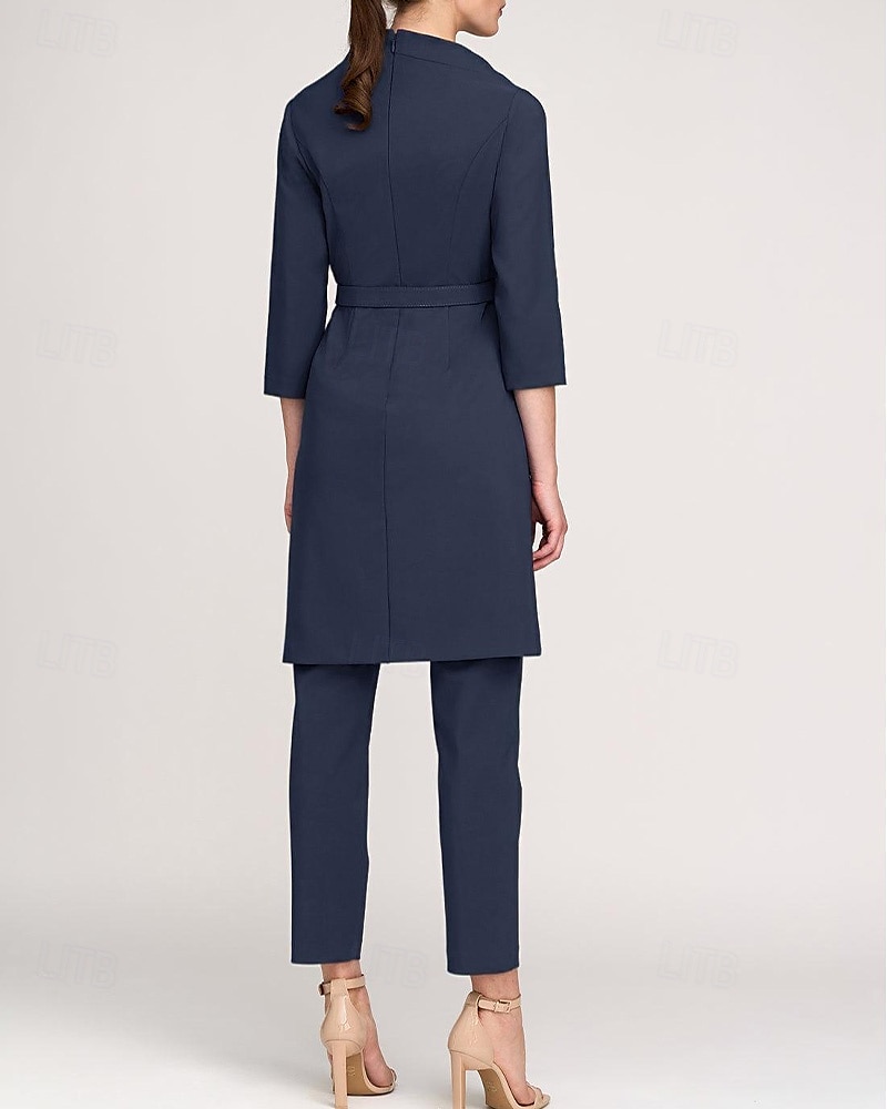 Two Piece Mother of the Bride Pantsuit Simple Minimalist Casual V Neck Ankle Length Crepe 3/4 Length Sleeve with Sash / Ribbon 2025 - $159.99 –P3