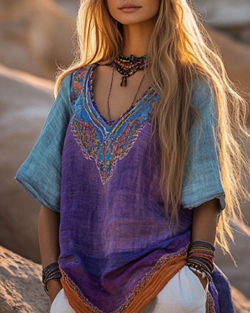 Dame Vestlig bluse Boho skjorte Bluse Blomsternål i krystall Moderne Bohem Kortermet V-hals Vanlige topper Daglig Ut på byen Trykt mønster Lilla Sommer 2025 - $21.99 –P1