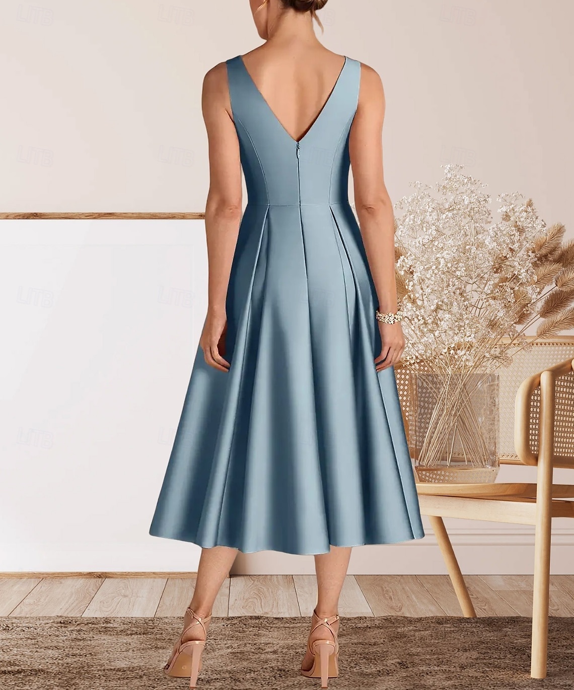 Robe cocktail A-Line élégante robe de retour à la maison cocktail party longueur thé sans manches col rond satin avec plis de 2025 ? $162.99 –P2