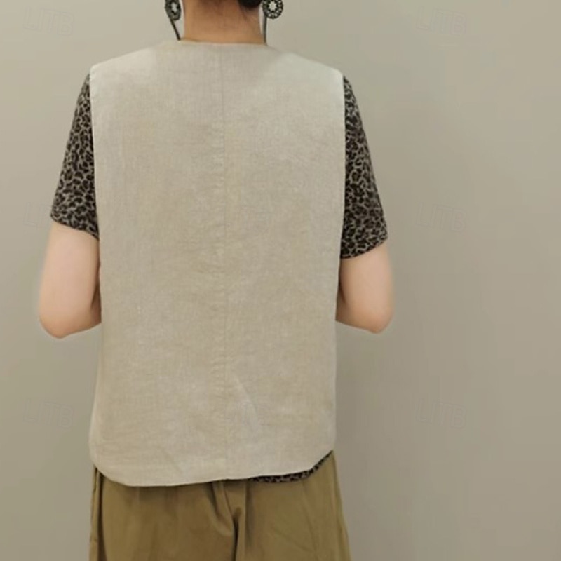 Femmes Chemises inspirées du lin Uni Actif Occasionnel Sans manches Col ras du cou Hauts Réguliers Quotidien Fête Sortir Boutons Avec Poches Noir Vert Abricot Été de 2025 ? $32.99 –P13