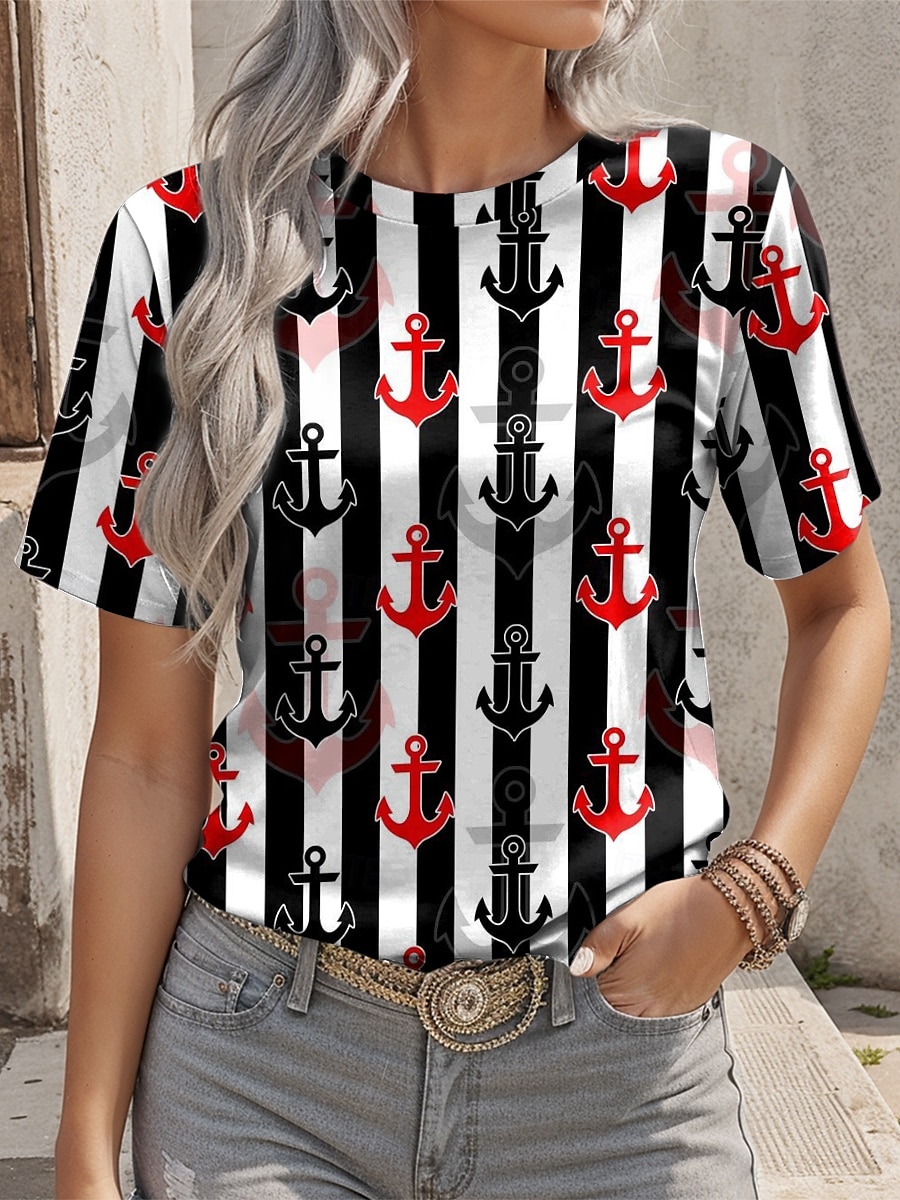 Dame T skjorte Grafisk Geometrisk Stripet Årgang Stilfull Fritid Kortermet Crew-hals Rund hals Vanlige topper Daglig Trykt mønster Svart Sommer Vår 2025 - $19.99 –P1