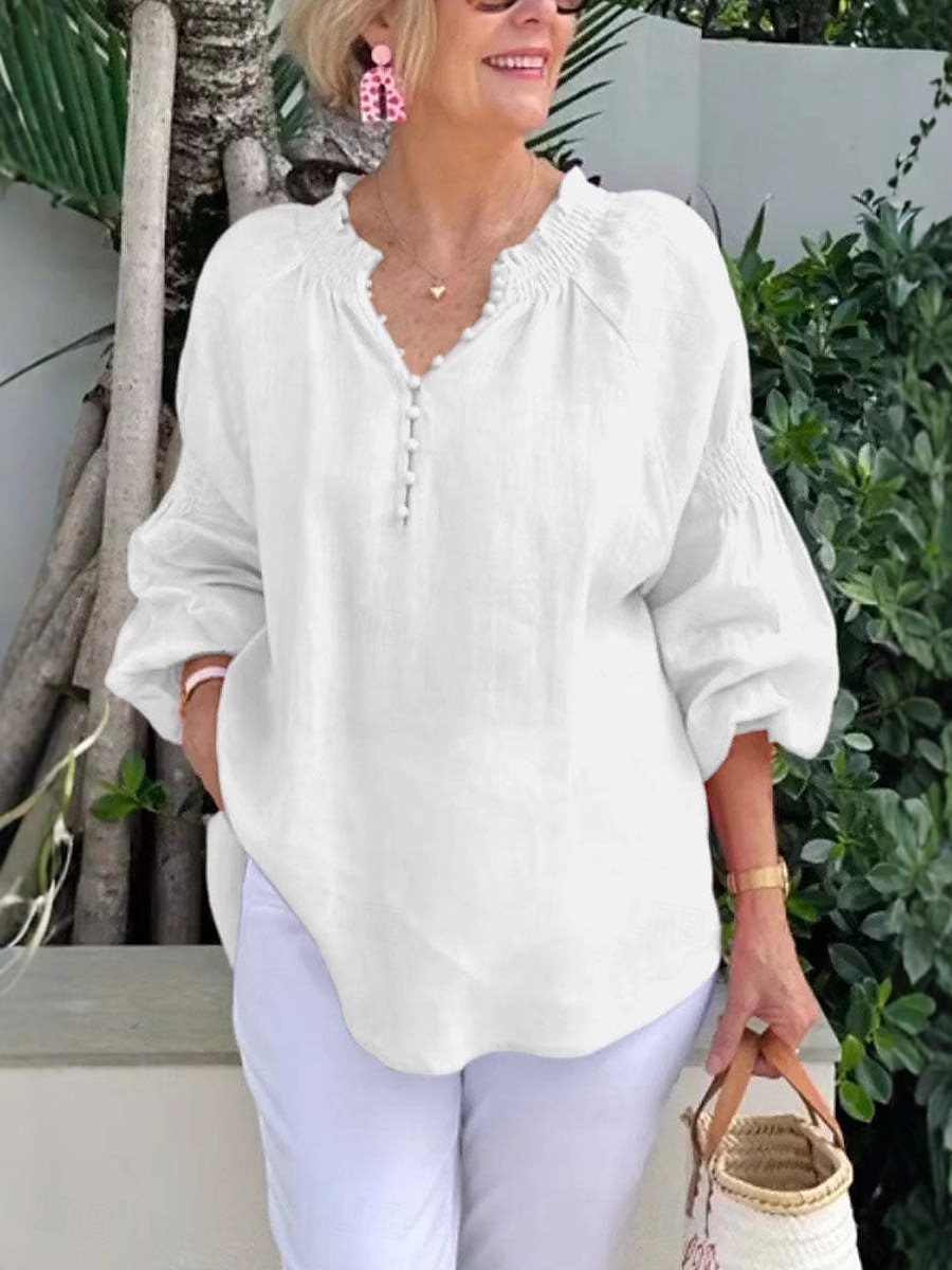 Per donna Blusa Tinta unica Elegante Casual Manica Lunga Scollo a V Top Regolari Quotidiano Ferie Bottoni Bianco Giallo Rosa Blu Grigio Estate Primavera del 2025 a $28.99 –P7