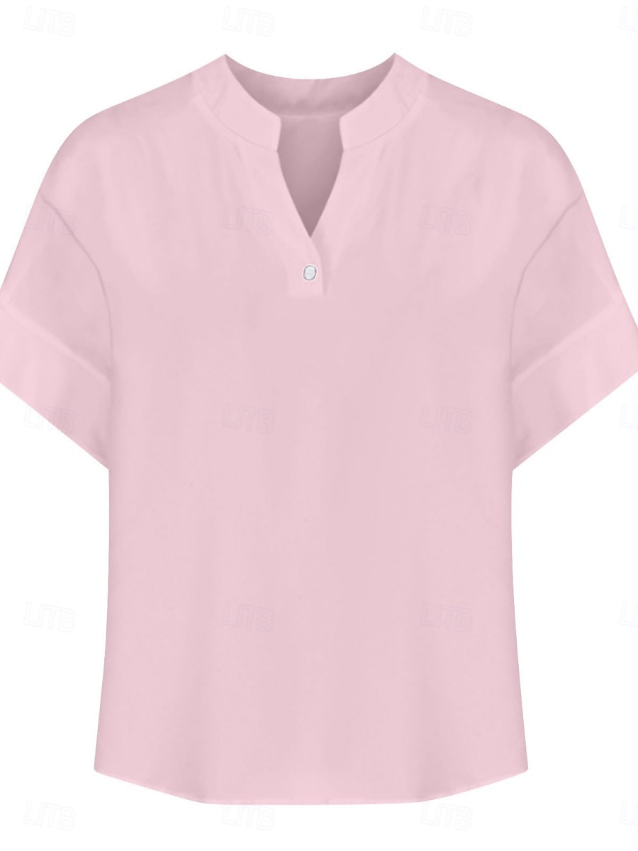 Dames Blouse Effen Basic Casual Korte mouw Gekerfde nek Normale tops Dagelijks Knop Zak Rood blauw Paars Beige Zomer Lente 2025 - $19.99 –P7