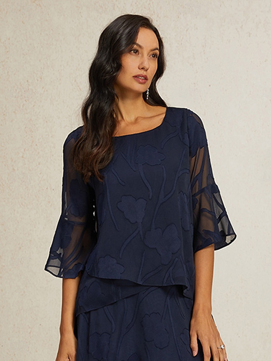 Women's Lace Shirt Blouse Dressy Tops Chiffon Tops Solid Color Elegant Stylish Basic 3/4 Length Sleeve Bell Sleeve Boat Neck Regular Tops Wedding Guest Work Daily Asymmetric Hem Navy Blue Summer 2025 - $59.99 –P1