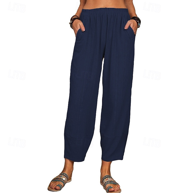 Per donna Pantaloni in cotone e lino Pantaloni Eleganti Streetwear Casual Lunghezza intera Naturale Semplice Tasca Elastico in vita Comodo Confortevole Uscire Weekend Vinaccia Grigio Nero Bianco del 2025 a $24.99 –P17