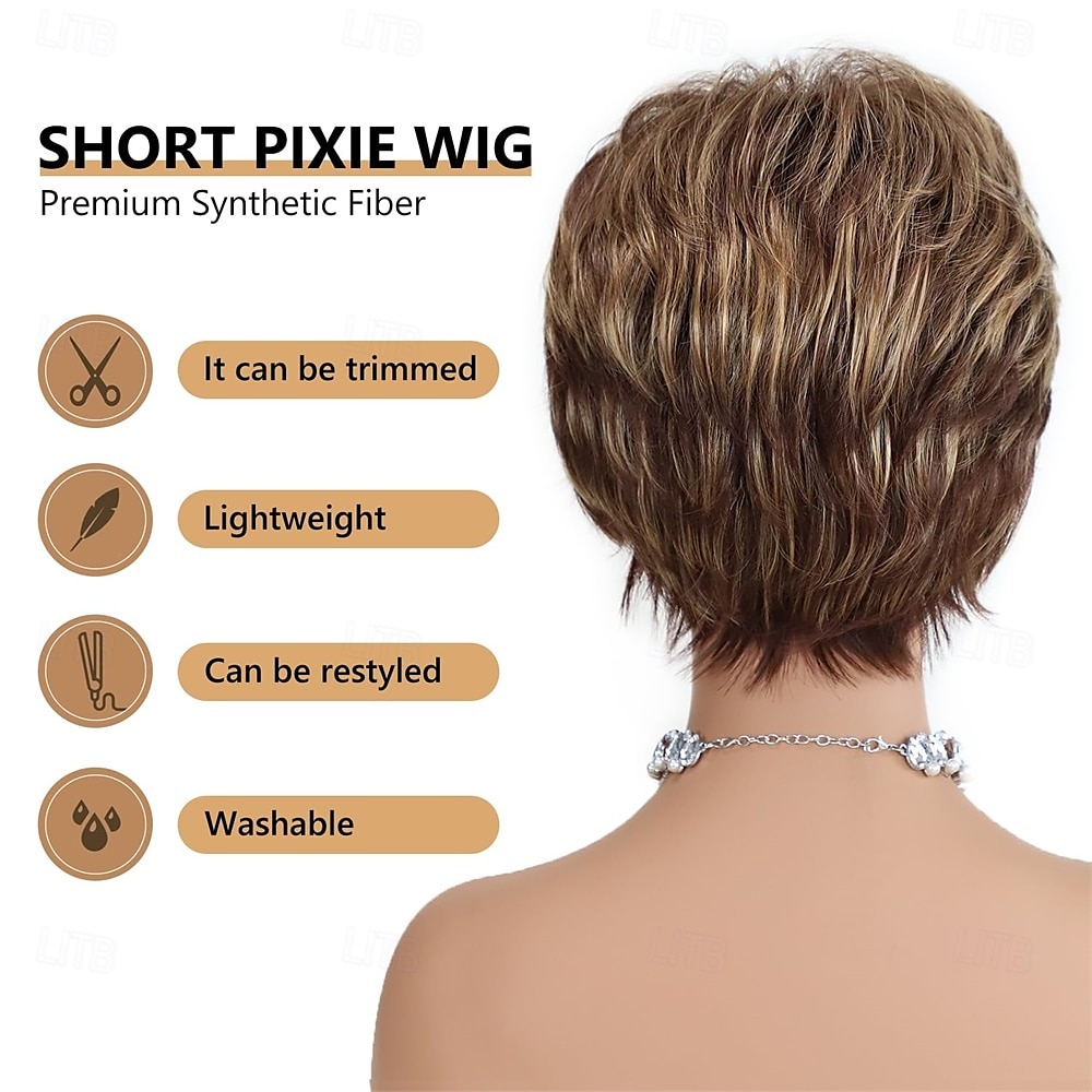 2026年 白人女性向け、前髪付き、ピクシーレイヤードショートブロンドブラウンウィッグ、リアルウィッグ、合成耐熱ウィッグ、日常使いウィッグ  コレクション – $25.99 –P5