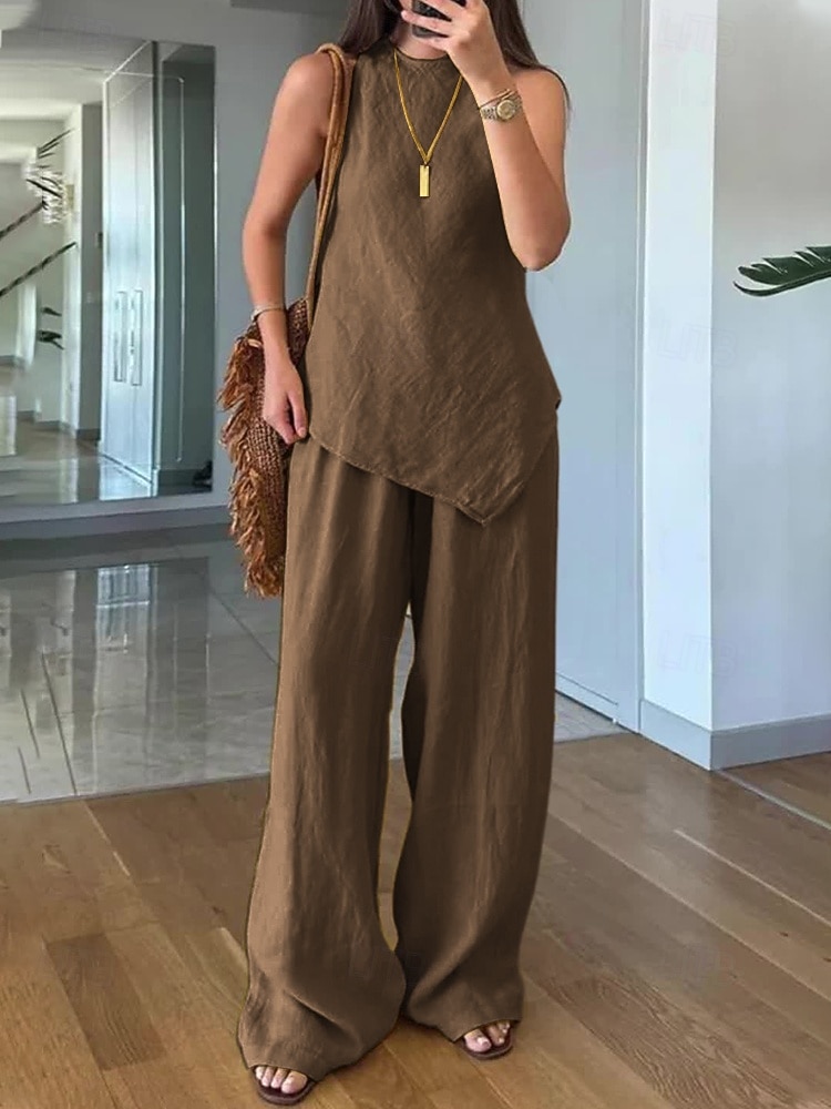 Women Cotton Blend Linen-Inspired Sets Two Piece Sets Sleeveless Crew Neck Solid Color Distressed Black White Yellow Summer Loose Fit 2026 - $31.99 –P3
