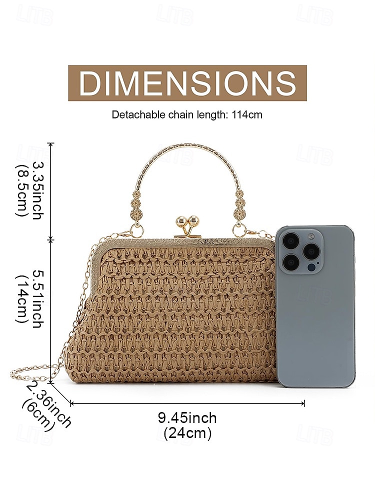 Women's Vintage Woven Straw Handbag – Elegant Kiss Lock Frame Purse with Gold Chain, Retro Style Clutch for Beach Vacations, Parties & Summer Outings 2026 - $18.99 –P9