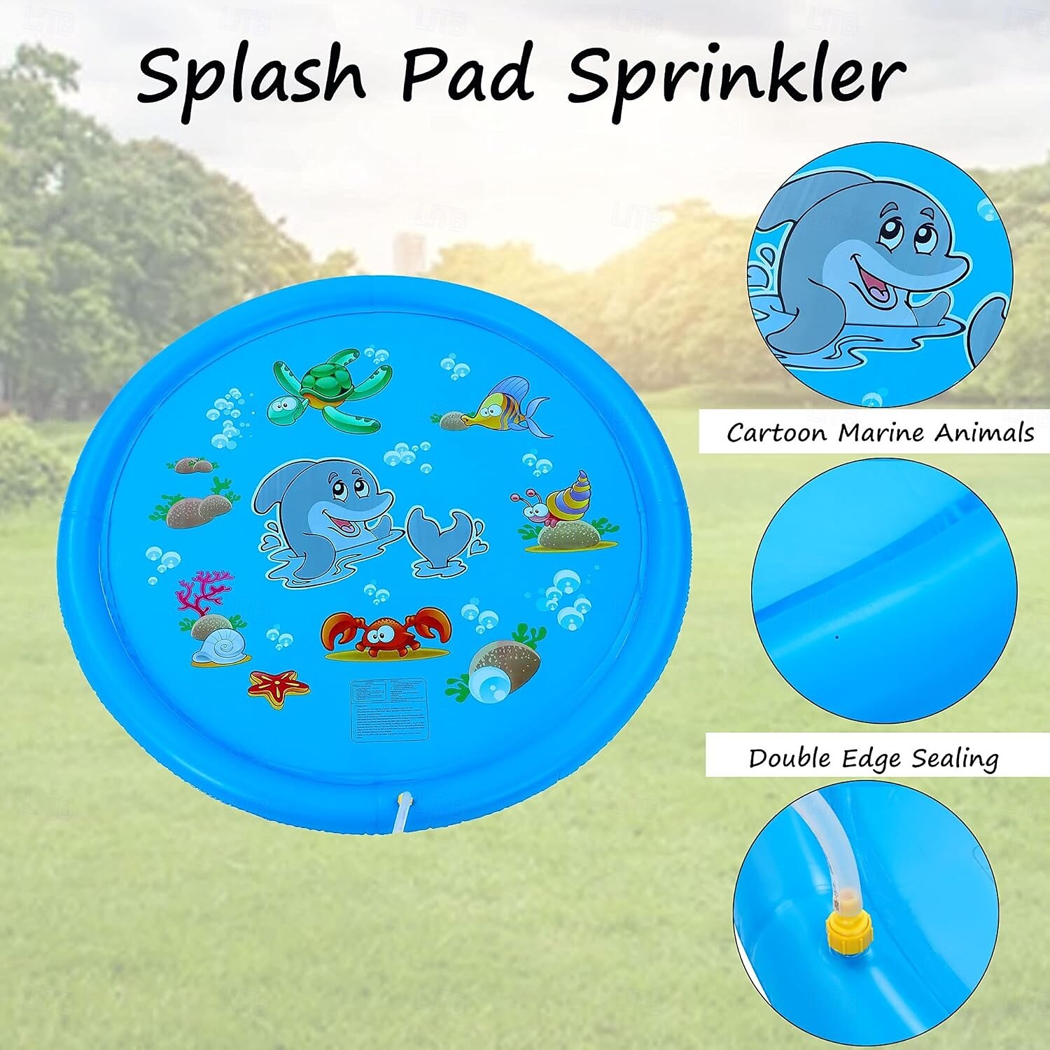Tapis de jeu d'eau d'extérieur de 39 pouces, motif de vie marine multicolore, tapis anti-éclaboussures en PVC durable avec arroseur, antidérapant bleu &gonflable idéal pour les jouets aquatiques de 2025 ? $27.99 –P4