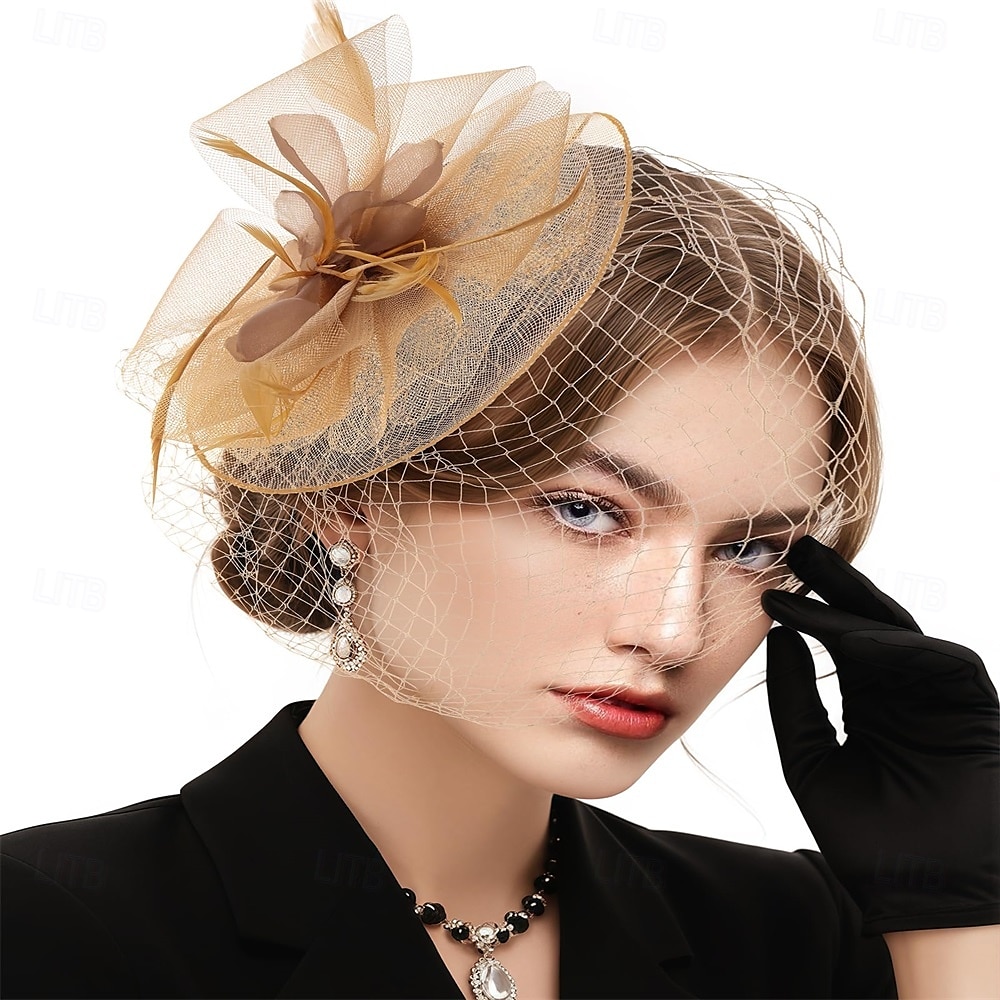 Cappelli fascinator per donna, nastri di maglia a fiori, piume su una fascia e una clip, copricapo da festa da tè per donna del 2025 a $35.99 –P3