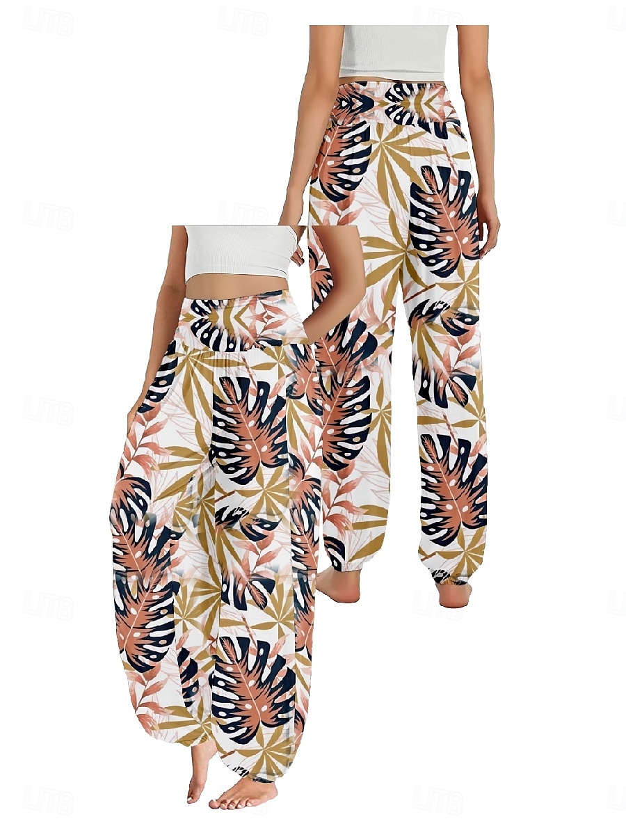 Per donna Pantaloni ispirati al lino Gamba larga Pantaloni Stile Etnico Casual Boho Lunghezza intera Vita Alta Floreale Foglia Tropicale Tasca Elastico in vita Stampa Traspirabilità Morbido del 2025 a $21.99 –P3