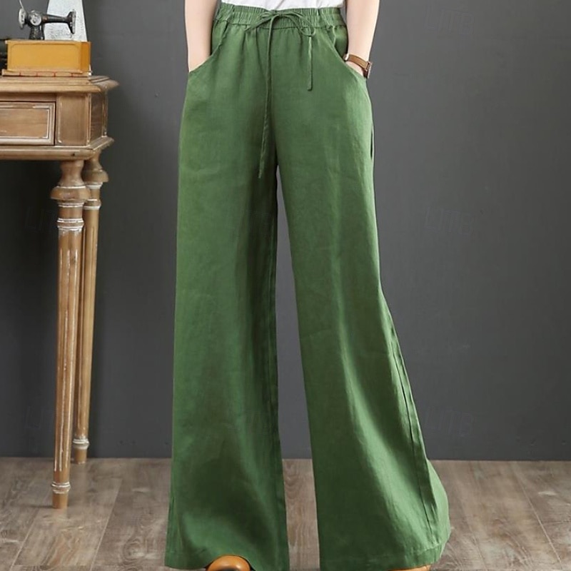 Damen Weites Bein Hose aus Baumwollleinen Stoffhosen Mode Streetwear Volle Länge Natürliche Taille Einfach Tasche Elastisches Kordelzugdesign Bequem Außenbereich Straße Ferien Wochenende Aprikose 2025 - $15.99 –P5