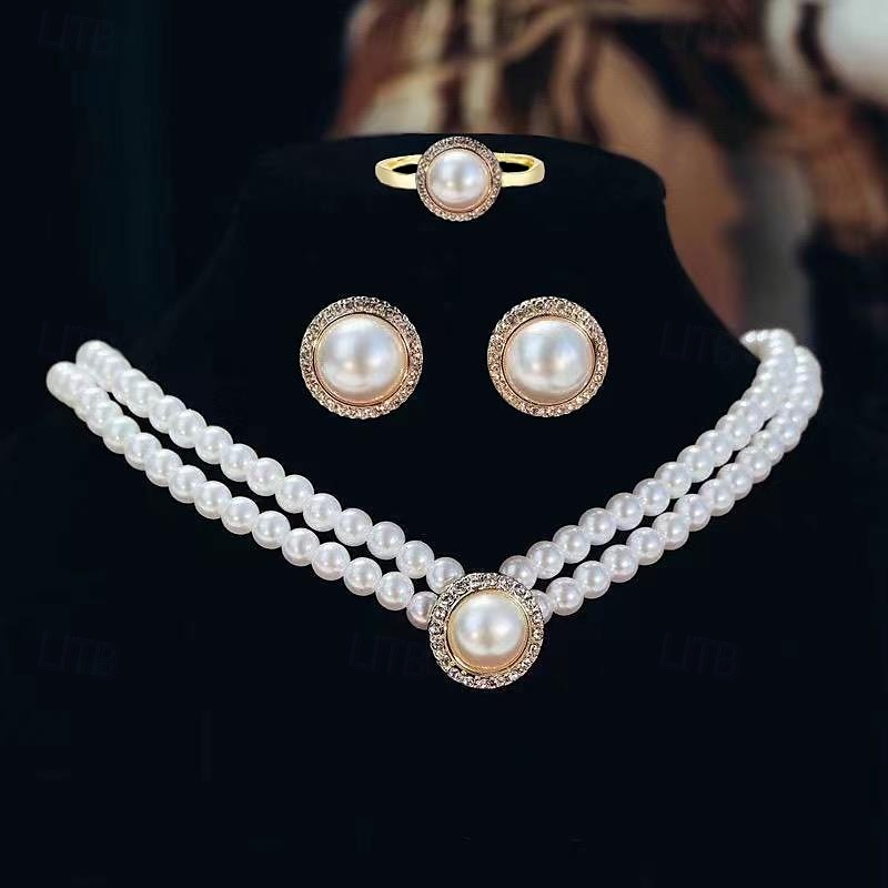 Set di gioielli da sposa, 1 set di anelli in lega di perle sintetiche, orecchini, collana, elegante e semplice set di gioielli da donna per matrimonio, San Valentino, occasione speciale del 2025 a $16.49 –P2